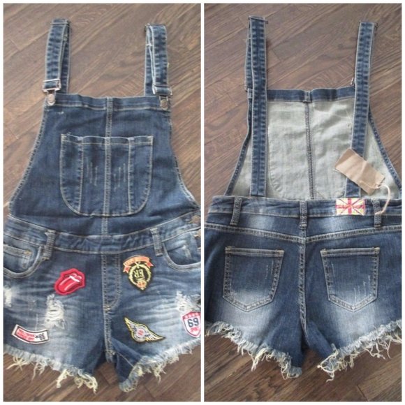 NWT MACHINE NOUVELLE MODE Dark Wash Patches Raw Hem Short Denim Overalls - Picture 2 of 10
